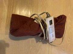Booster seat, heating pad, 2 Deaconess open cloth totes, small plastic tote, lamp shade