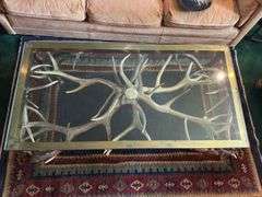 Vintage glass top antler coffee table 4’ long x 2’ wide x 19.5” tall