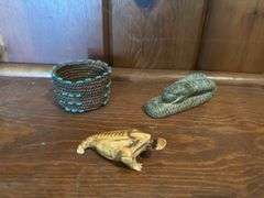 Antique Articulated Gold Wash over silver fish spice box,  2.5” Maori basket, adorned with turquoise beads, Virginia Stroud 8.5” x 10.5” framed picture, hand carved signed granite snake