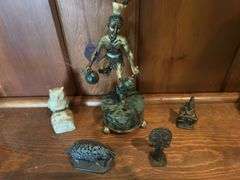 Silver Aztec Danzante figure by William Spratling Adorned with emeralds and a bone stag head, vintage alabaster owl, silver plate muskrat, 2 small Indian ritual bronze statues