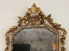 Antique Giltwood Wall Mirror with Floral Crest