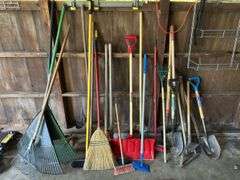 Misc yard hand tools, rakes, shovels