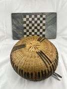 Handwoven Basket & Folk Art Checkerboard Game Board