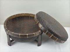 Chinese Woven Lidded Basket with Bamboo Frame Stand