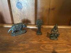 Silver Aztec Danzante figure by William Spratling Adorned with emeralds and a bone stag head, vintage alabaster owl, silver plate muskrat, 2 small Indian ritual bronze statues
