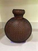 Wicker basket, wood turned canister, pottery vase with chain overlay