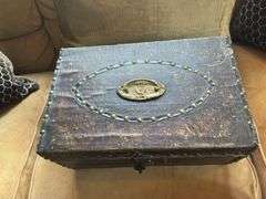 Antique Leather box with brass accents 9.5” x 15”
