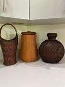 Wicker basket, wood turned canister, pottery vase with chain overlay
