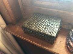 Brass trinket box, wooden box with fountain pen and tie tacks, handmade ceramic car bank, woven box