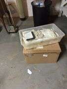 1 box & 1 tub of  queen size comforter and  tablecloths and lace