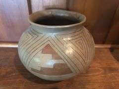 Mata Ortiz pottery olla pot or jar, cribbage boards pair of wooden serving spoons, Eskimo doll