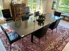 Le Corbusier LC6 Dining Table with Custom Black Granite top, 8 Montis Leather Dining Chairs