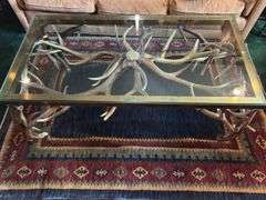 Vintage glass top antler coffee table 4’ long x 2’ wide x 19.5” tall