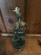 Silver Aztec Danzante figure by William Spratling Adorned with emeralds and a bone stag head, vintage alabaster owl, silver plate muskrat, 2 small Indian ritual bronze statues