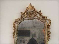 Antique Giltwood Wall Mirror with Floral Crest