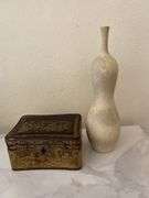 12.5” stone vase signed “Sverige”, decorative wood box with gold overlay print