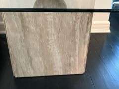 Side table, travertine base, glass top