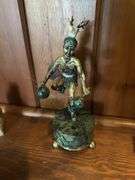 Silver Aztec Danzante figure by William Spratling Adorned with emeralds and a bone stag head, vintage alabaster owl, silver plate muskrat, 2 small Indian ritual bronze statues