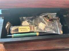 Brass trinket box, wooden box with fountain pen and tie tacks, handmade ceramic car bank, woven box