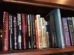Top shelf of hardback and paperback books