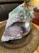 9” bronze bowl, geode with amethyst crystals 6” x 5”