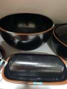 DANSK stoneware dishes, wood bowl with lemons, pottery vase, gourd vase