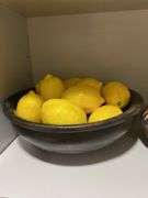 DANSK stoneware dishes, wood bowl with lemons, pottery vase, gourd vase
