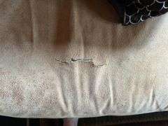 Suede roll arm 3 cushion sofa  7’ long x 34” deep x 25” tall