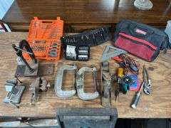 Misc clamps, bit sets, hand tools, labeler, creeper, craftsman tool bag