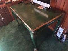 Antique Louis XIV style dark green desk with gilt painted accents, one drawer