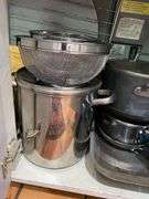 Pots, pans, stock pot, baking dishes, cooling racks and sieves