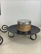 Decorative box on wire base, candle with base, black photo frames, books