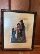 Antique Articulated Gold Wash over silver fish spice box,  2.5” Maori basket, adorned with turquoise beads, Virginia Stroud 8.5” x 10.5” framed picture, hand carved signed granite snake