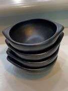 Black stoneware serving bowl and 4 salad bowls, “earth cold leaf”