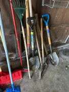 Misc yard hand tools, rakes, shovels