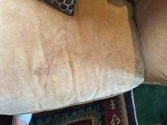 Suede roll arm 3 cushion sofa  7’ long x 34” deep x 25” tall