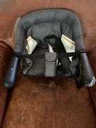 Booster seat, heating pad, 2 Deaconess open cloth totes, small plastic tote, lamp shade