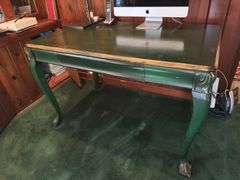 Antique Louis XIV style dark green desk with gilt painted accents, one drawer
