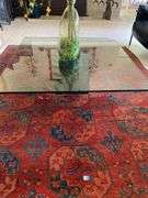 Post modern nero marquina marble base and glass top coffee table, 48" square 14" h