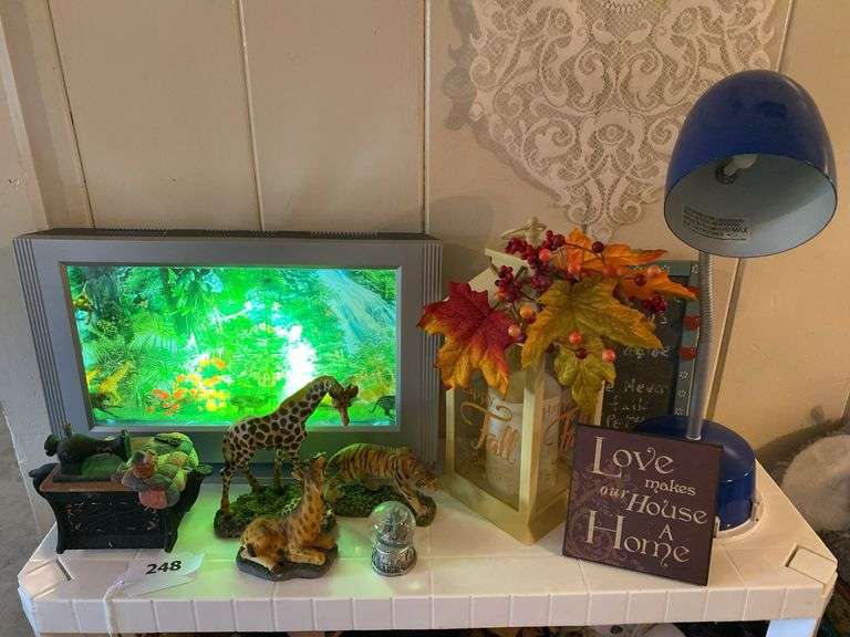 Tiger, giraffe figurines, goose neck table lamp, decorative lantern, light up picture, Knick knacks image