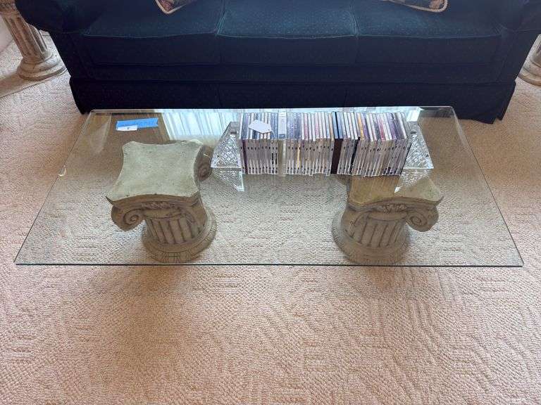 Coffee table with 2 pedestals & glass top 52" x 26" x 14"