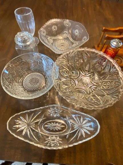Glassware, bowls, relish dish, salt and pepper, shell spoon