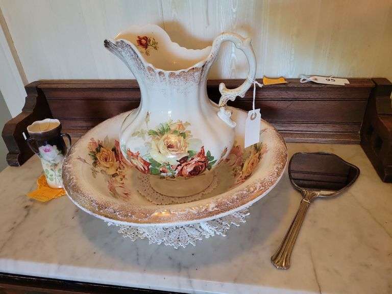 Pitcher & Bowl (broken), Small Double Handle Vase (broken), Vanity Handled Mirror image