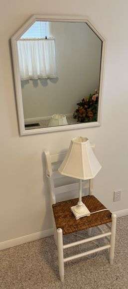 Wall mirror, painted chair w/ wicker seat, 23” table lamp