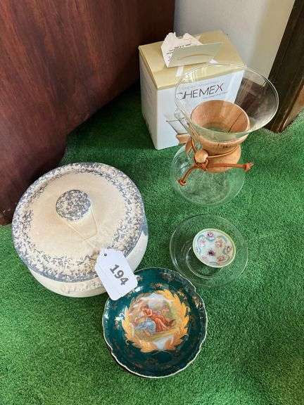 Covered stoneware pot, coffee glass brewer & filters, porcelain small bowl