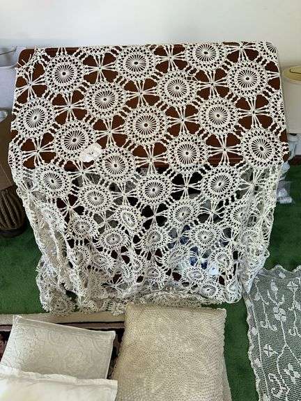 Lace tablecloths, decorative pillows, lace runners, dollie’s