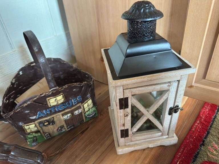 Painted wicker basket, lantern type candle holder image