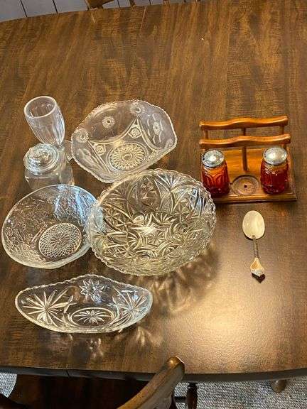 Glassware, bowls, relish dish, salt and pepper, shell spoon