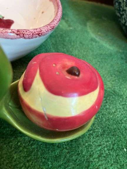 Soap dispenser , red/white creamer, apple bowl, damaged apple salt/ pepper