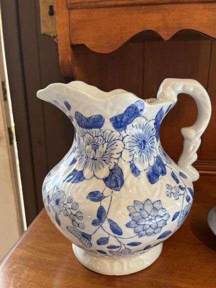 Blue/white pitcher, Avon pitcher & bowl